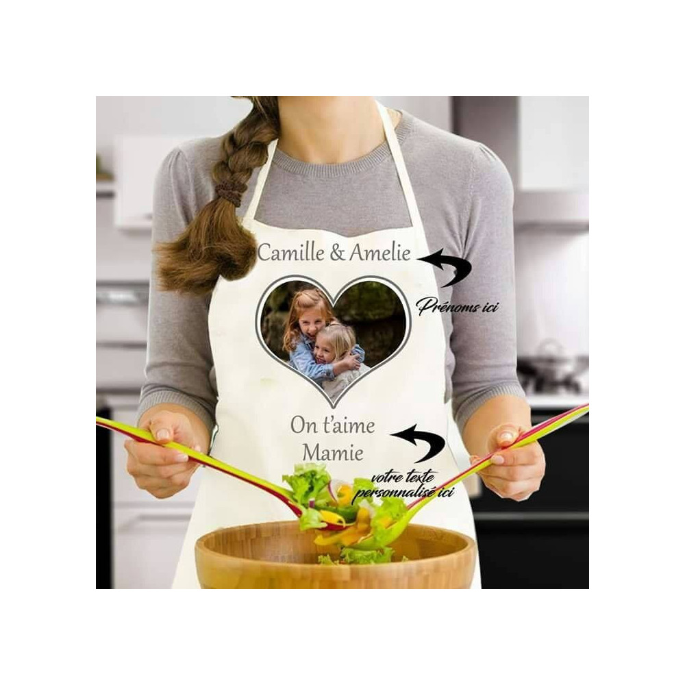Tablier de cuisine avec photo et prénoms personnalisés On t'aime Mamie""