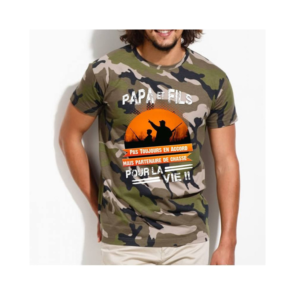 T-Shirt camouflage chasseur, humour Papa et fils pour la vie