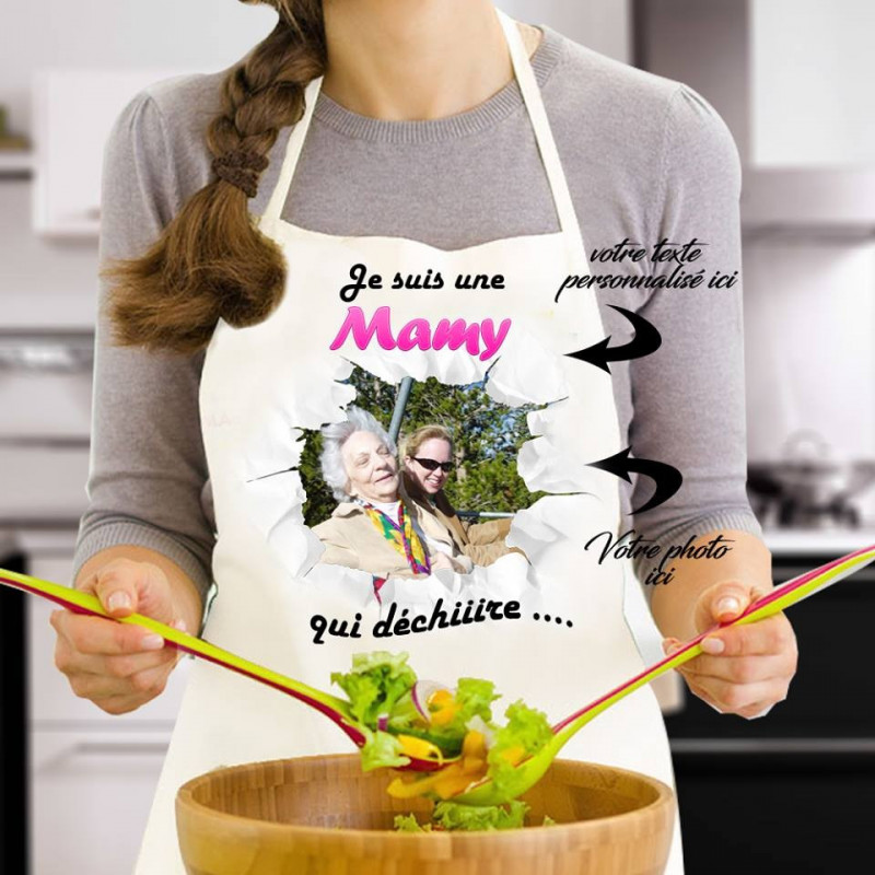 Tablier de cuisine Je suis une Mamy qui déchiiire" personnalisé avec photo