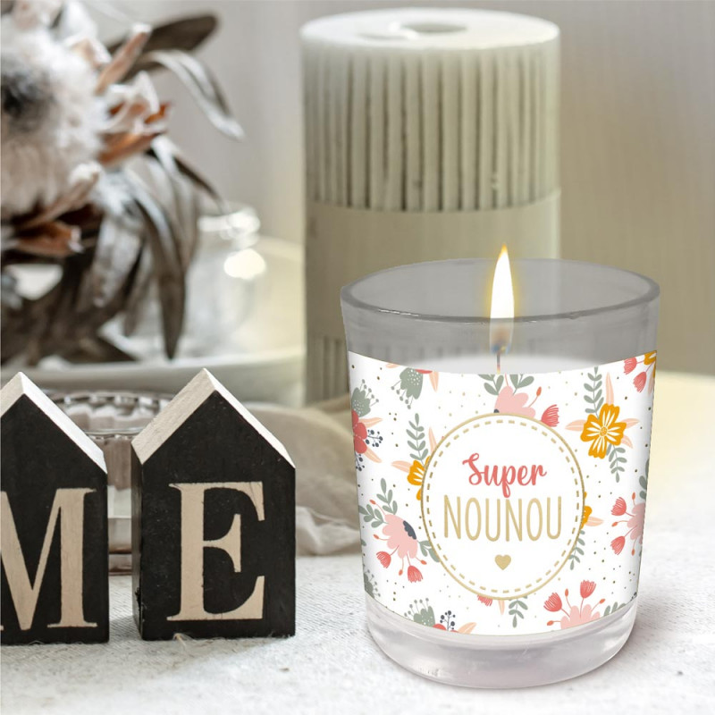 Bougie en verre Personnalisée Super Nounou – Motif Fleurie, Cadeau Parfait pour Nounou