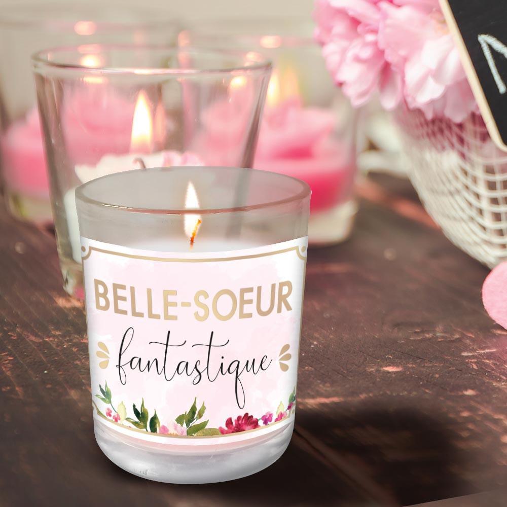 Bougie en Verre Personnalisée ‘Belle-Sœur Fantastique’ – Cadeau Fleuri et Unique