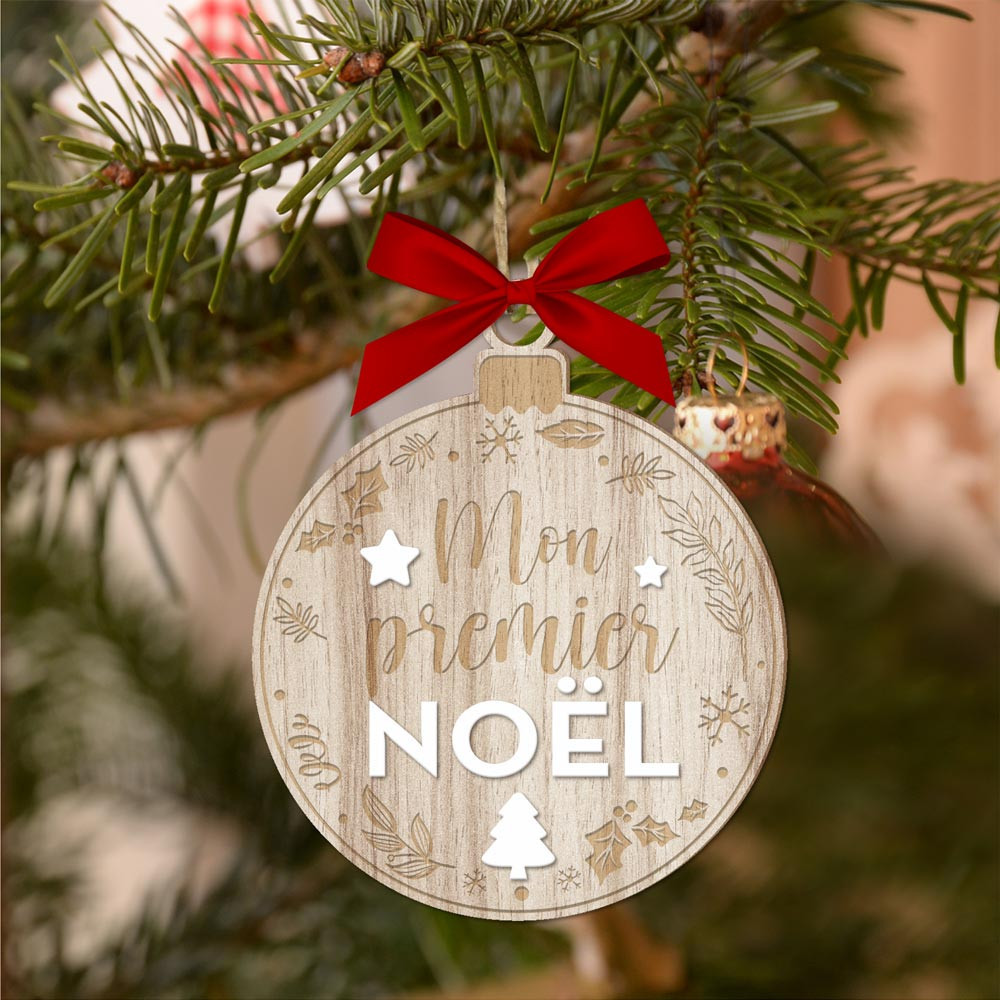 Boule de Noël bois personnalisée mon premier Noël - Décoration sapin de Noël