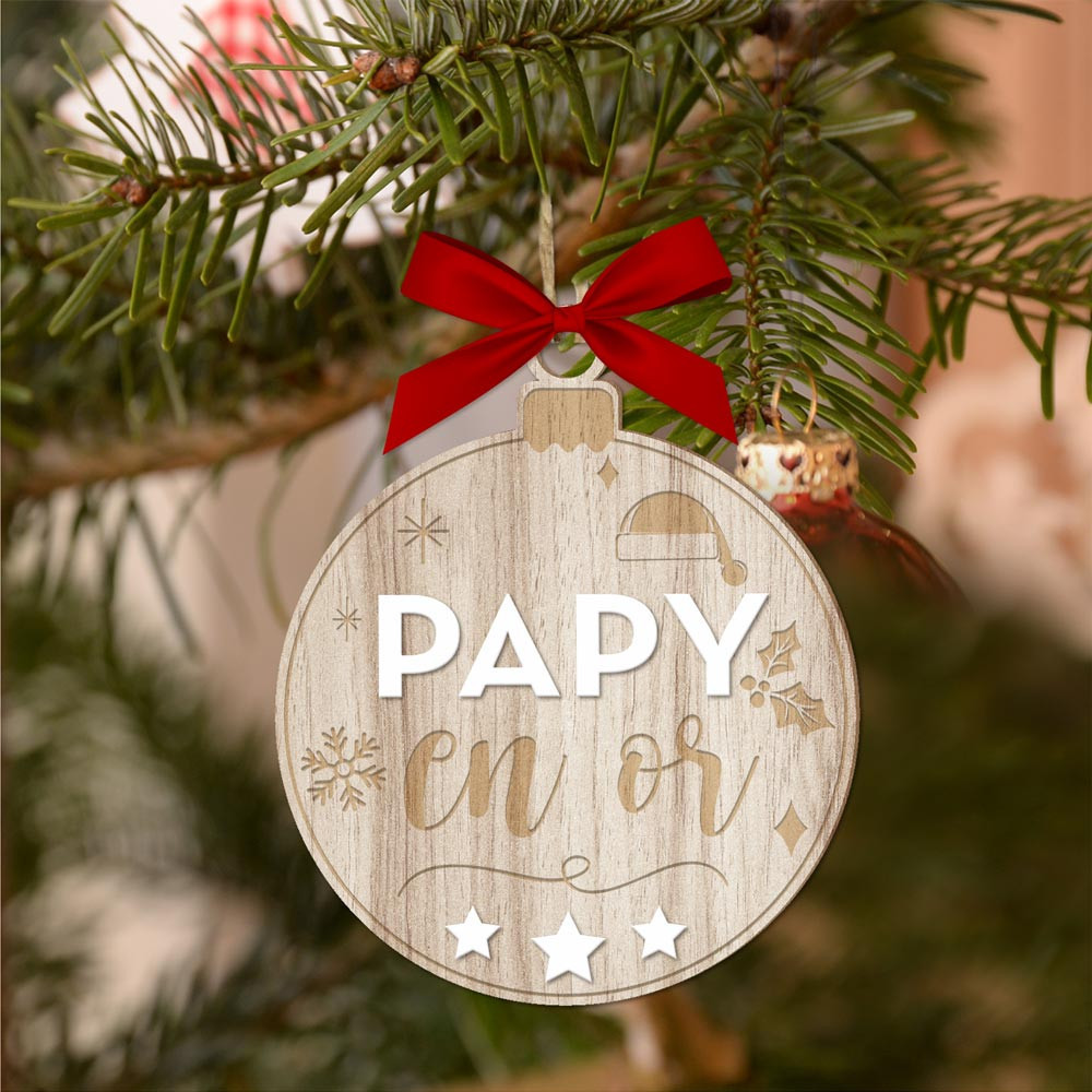 Boule de Noël bois personnalisée Papy en or - Décoration sapin de Noël