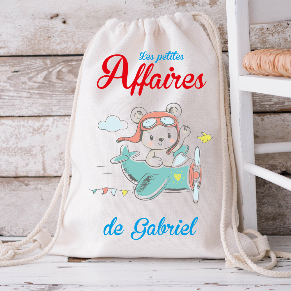 Sac crèche et maternelle personnalisable - Ours Aviateur
