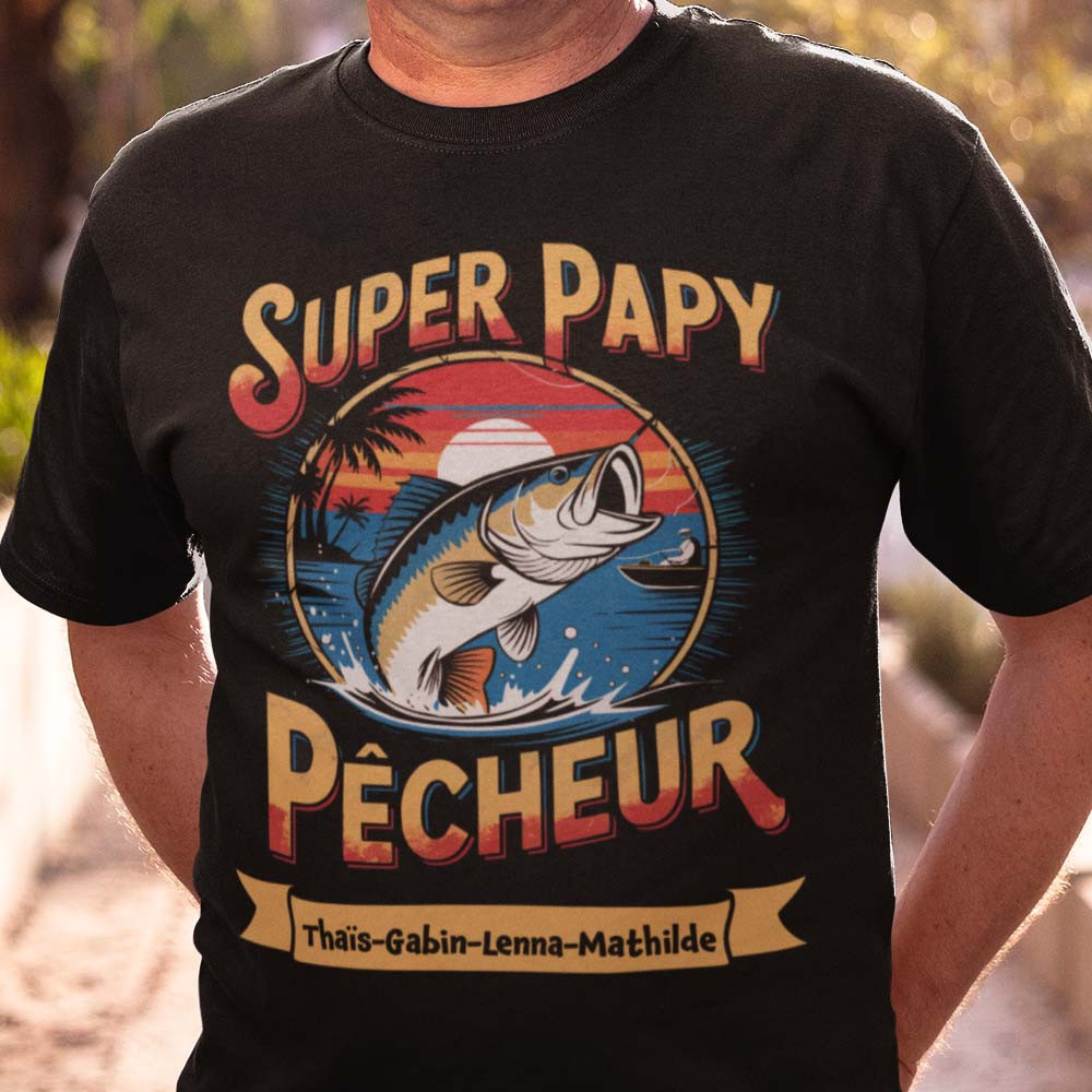 T-shirt Papy Personnalisé – "Super Papy Pêcheur" avec Prénoms des Petits-Enfants