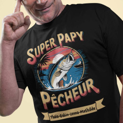 T-shirt Papy Personnalisé – "Super Papy Pêcheur" avec Prénoms des Petits-Enfants