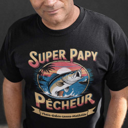 T-shirt Papy Personnalisé – "Super Papy Pêcheur" avec Prénoms des Petits-Enfants