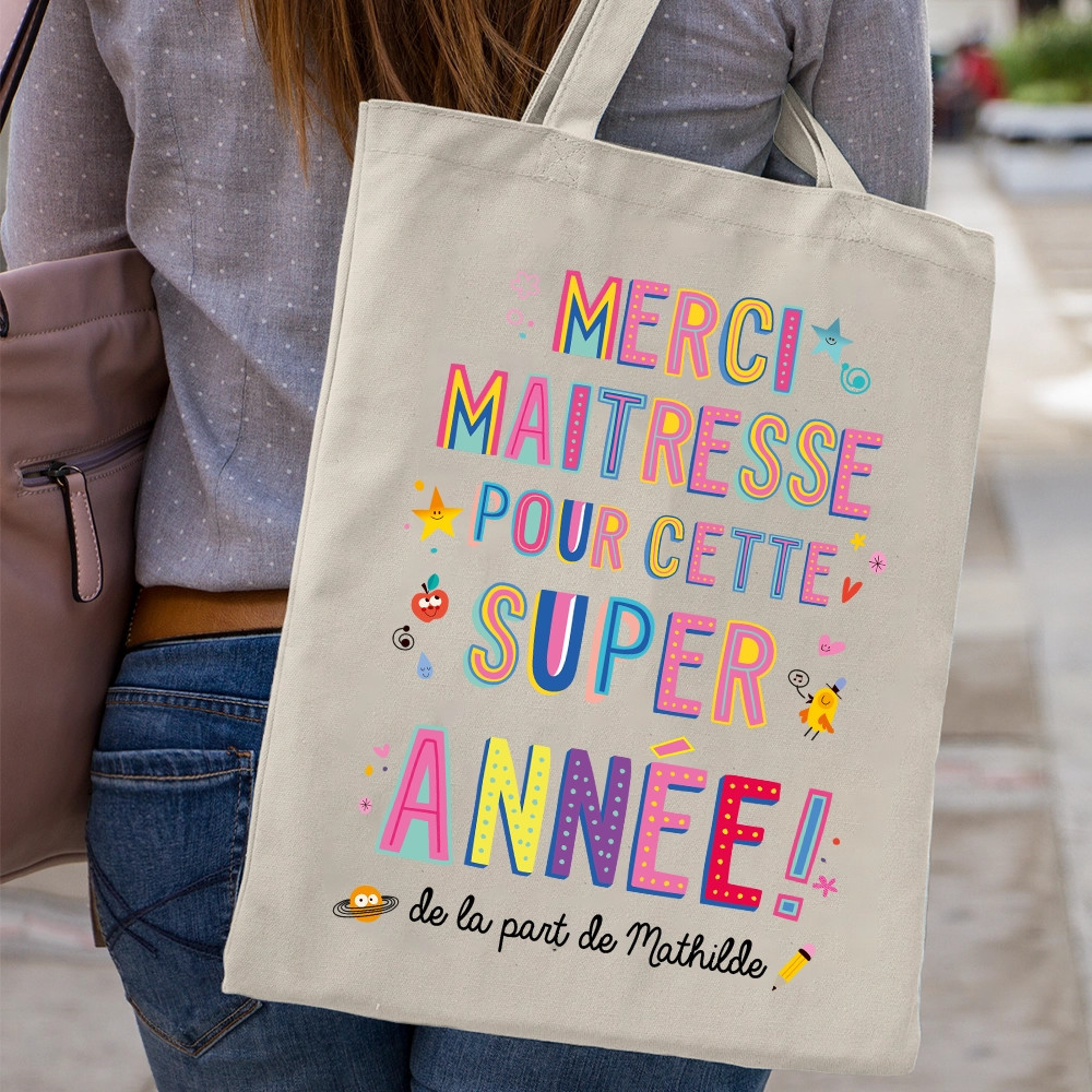Tote bag personnalisé Merci maîtresse pour cette super année avec